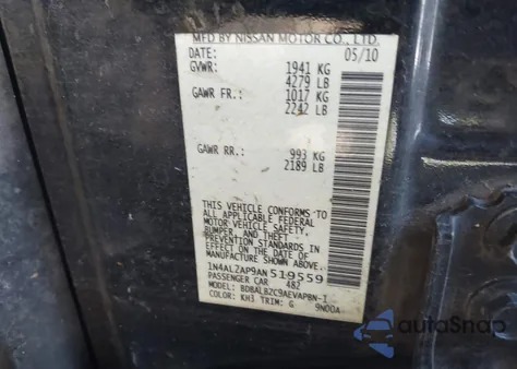 2010 Nissan Altima 2.5 S z USA, uszkodzony, nr VIN 1N4AL2AP9AN519559